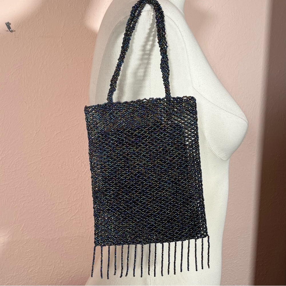Art deco Vintage Vanessa glass beaded black aurora borealis Fringed evening bag